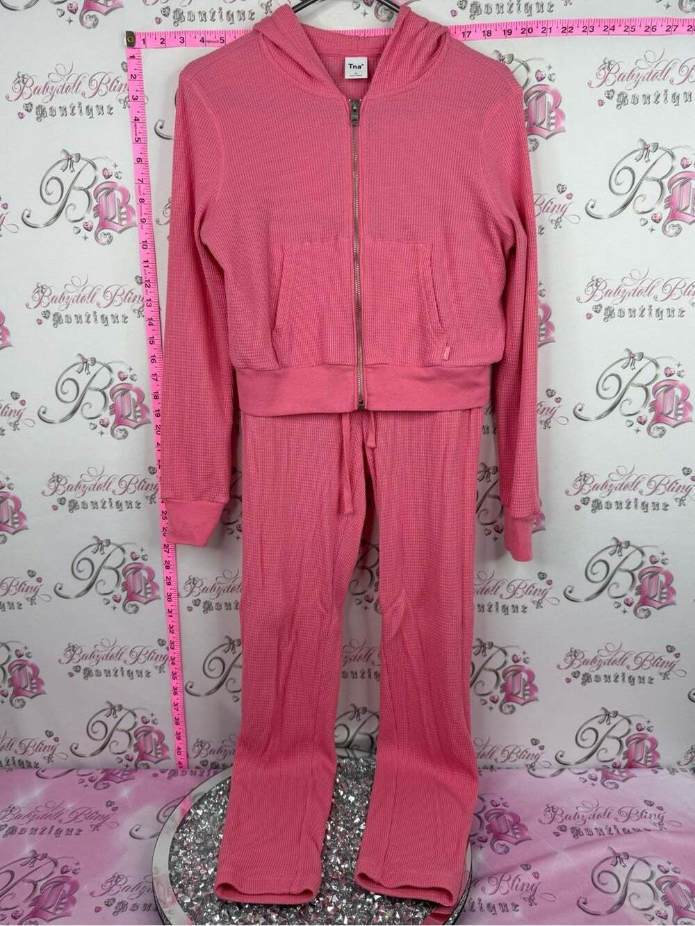 TNA set 2 piece sweater and pants Pink Waffle-Knit Hoodie & Drawstring Pants Set